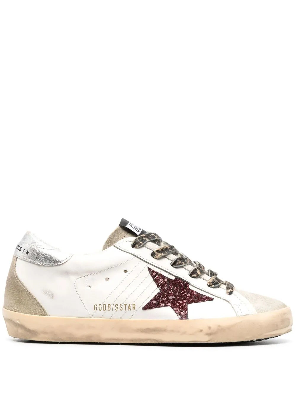 Golden Goose Super-Star sneaker in white leather with a burgundy glitter star, silver heel tab