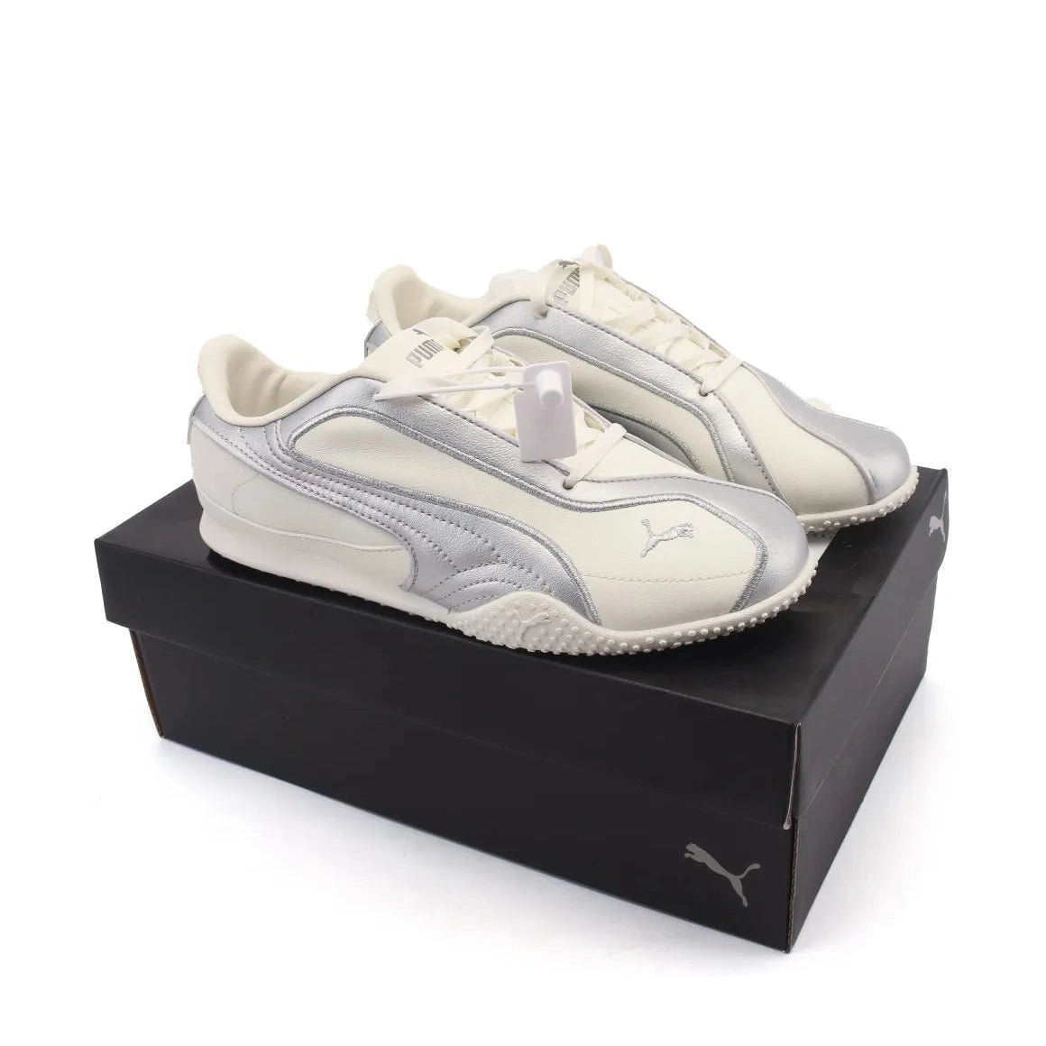 Puma Wmns Bella V2 Leather 'Warm White Silver' sneakers.