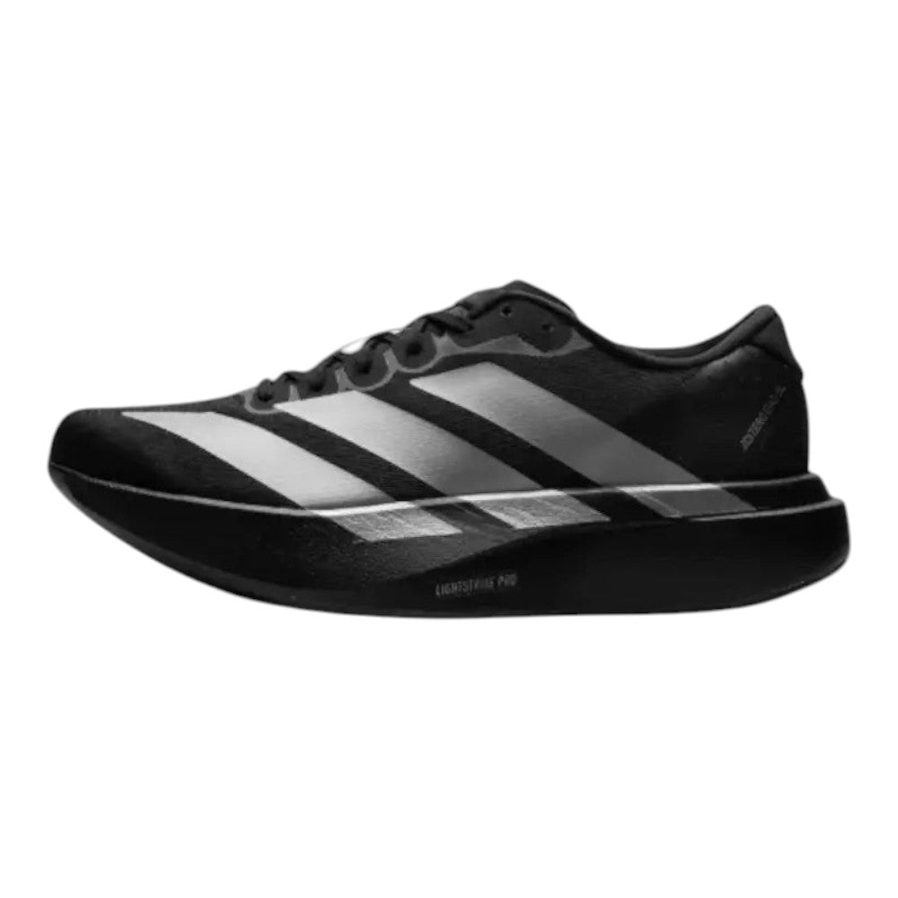 Luxurykicks.store Adidas Adizero Evo SL running shoe in black with metallic silver stripes and Lightstrike Pro foam.