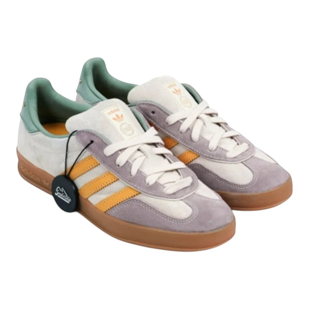 Luxurykicks.store adidas Gazelle Indoor sneakers in off-white and preloved yellow suede with a gum rubber outsole.