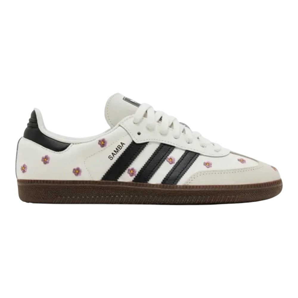 Luxurykicks.store Adidas Samba OG sneakers in white with black stripes and delicate purple floral embroidery