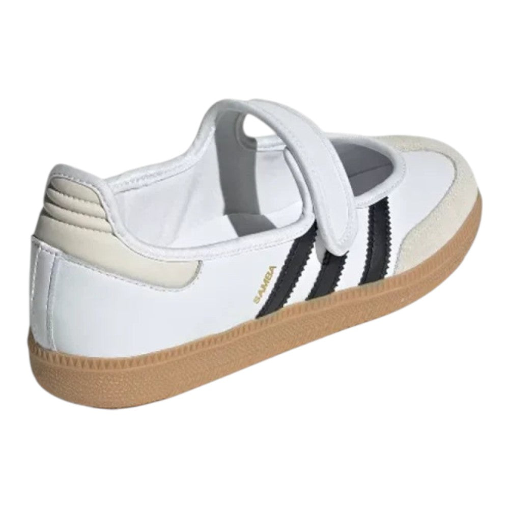 Luxurykicks.store Adidas Samba Mary Jane ballerina shoe in white leather with black stripes and gum sole