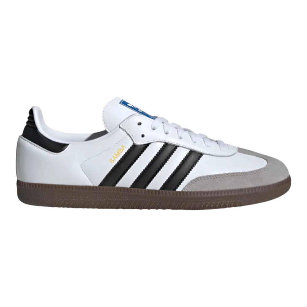Luxurykicks.store adidas Samba OG shoes in white leather with black stripes, grey suede T-toe, and gum rubber sole.