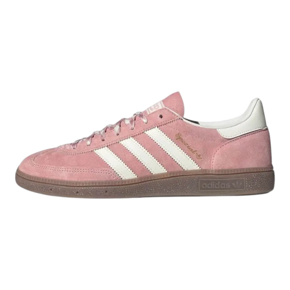 Luxurykicks.store Adidas Spezial Wander sneaker in mauve pink suede with white stripes and a gum rubber sole.