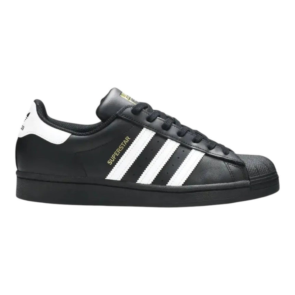 Luxurykicks.store adidas Superstar sneaker in core black leather with white stripes and iconic shell toe design.