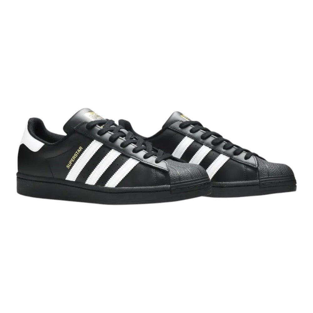 Luxurykicks.store adidas Superstar sneakers in black leather with white stripes and iconic shell toe design.