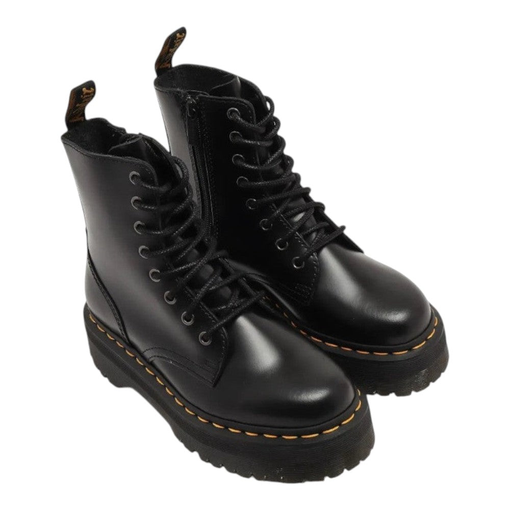 Luxurykicks.store Dr. Martens Jadon black smooth leather platform boots with signature yellow stitching and side zip.