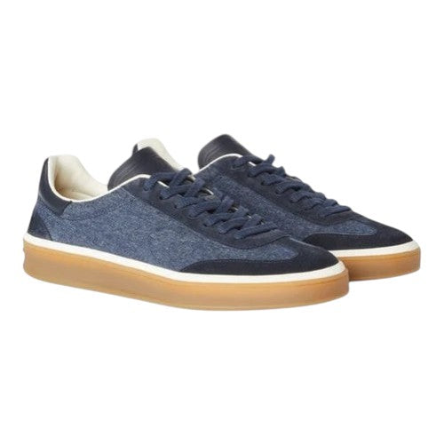Luxurykicks.store Loro Piana Tennis Walk sneakers in blue denim and suede with a gum rubber sole