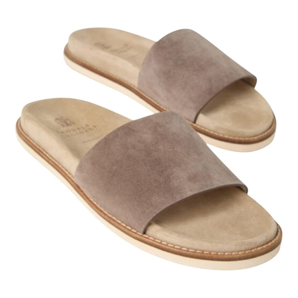 Luxurykicks.store Brunello Cucinelli taupe suede slide sandals with a minimalist design and structured footbed