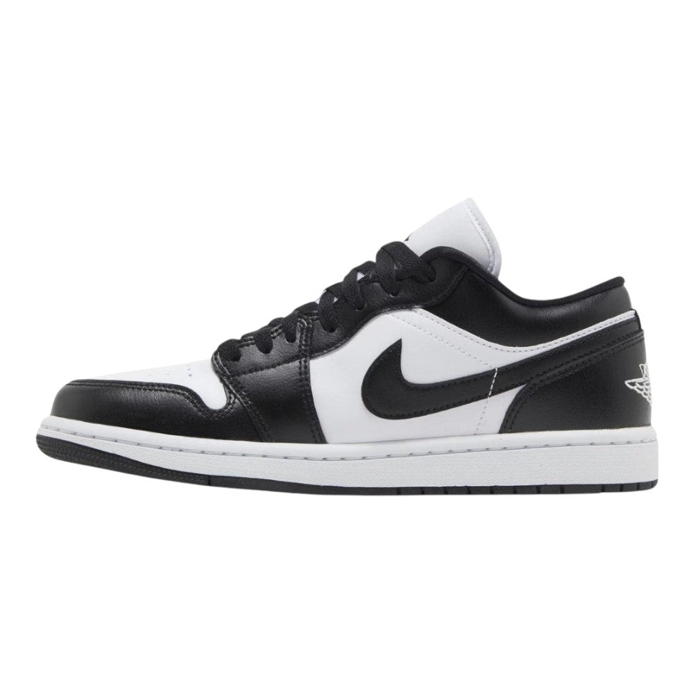 Luxurykicks.store Jordan 1 Low Panda sneaker in black and white leather with a low-top silhouette and side swoosh.