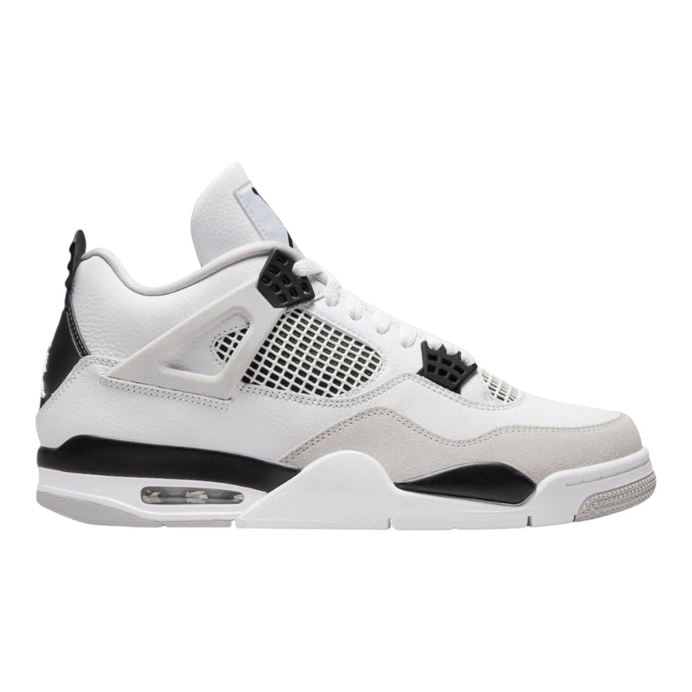 Luxurykicks.store Nike Air Jordan 4 Retro Military Black sneaker in white leather with black and grey accents.