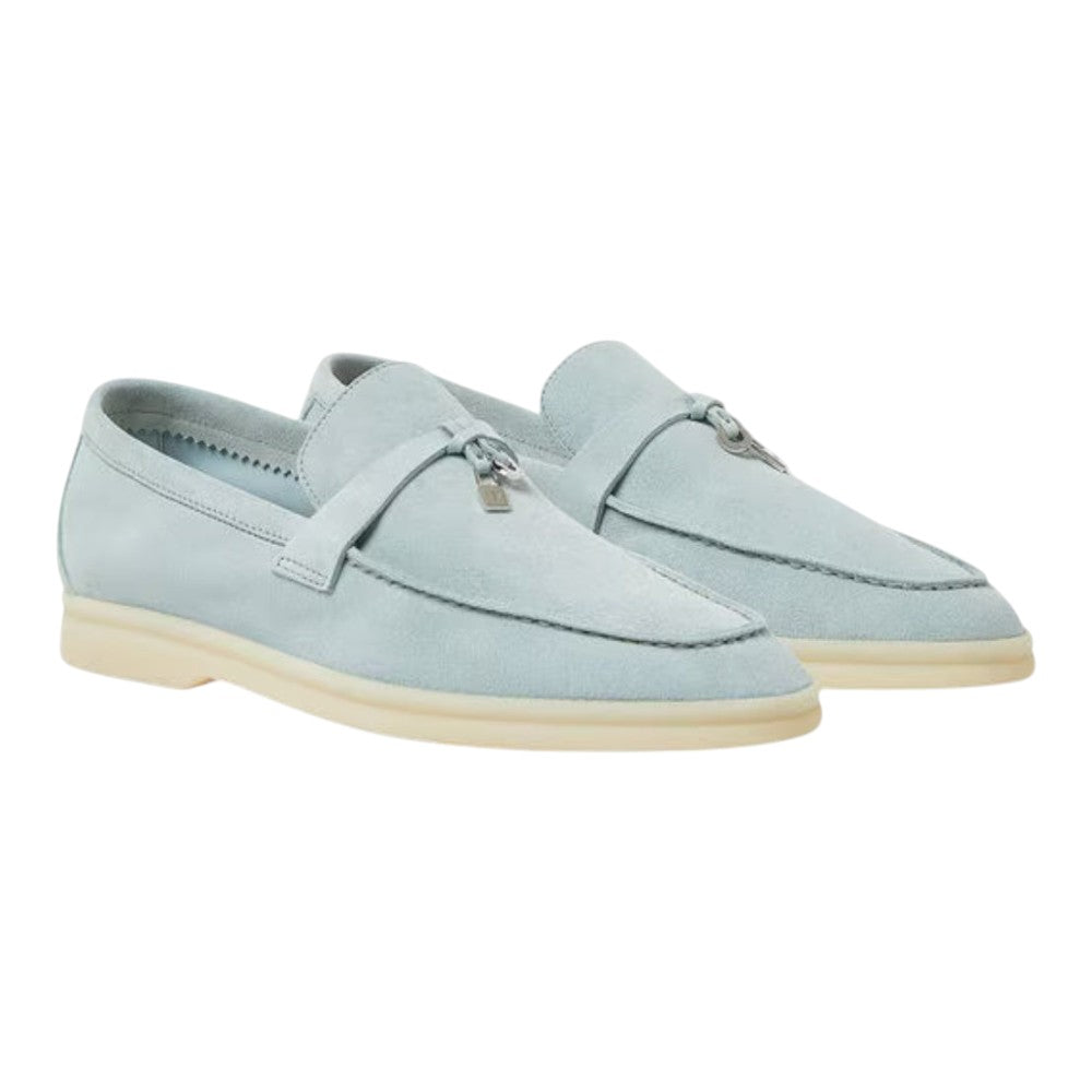 Luxurykicks.store Loro Piana Summer Charms Walk loafers in light blue suede with signature charm detail and white sole
