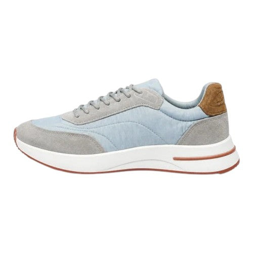 Luxurykicks.store Loro Piana Weekend Walk sneakers in light blue fabric and grey suede with brown leather heel detail.