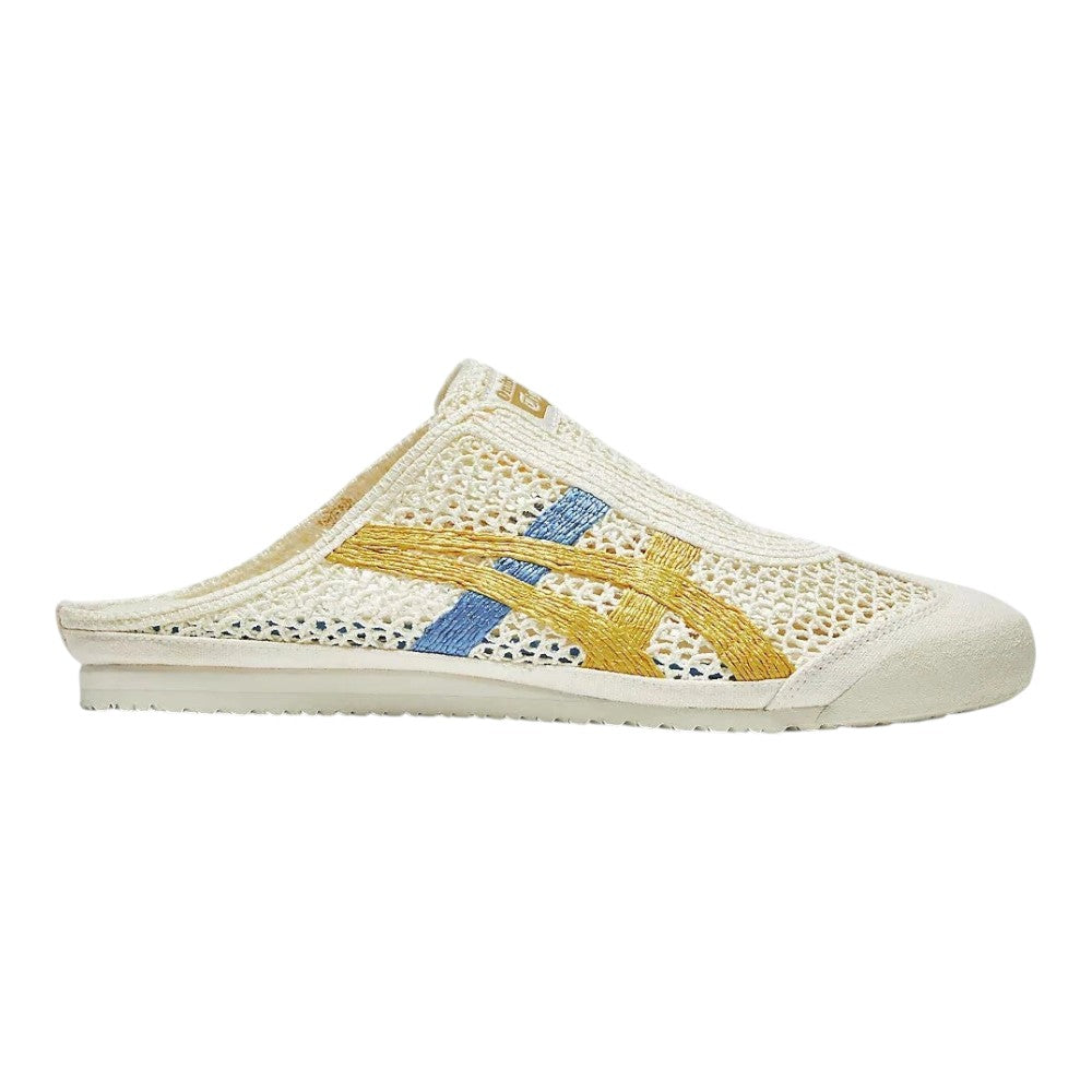 Luxurykicks.store Onitsuka Tiger Mexico 66 Sabot in cream and mustard crochet mesh with blue stripe detail