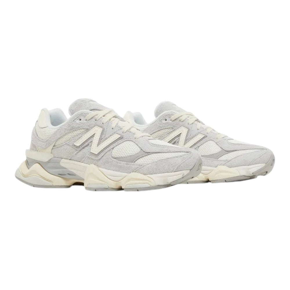 Luxurykicks.store New Balance 9060 Quartz Grey sneakers in neutral suede and mesh with chunky cushioned soles.