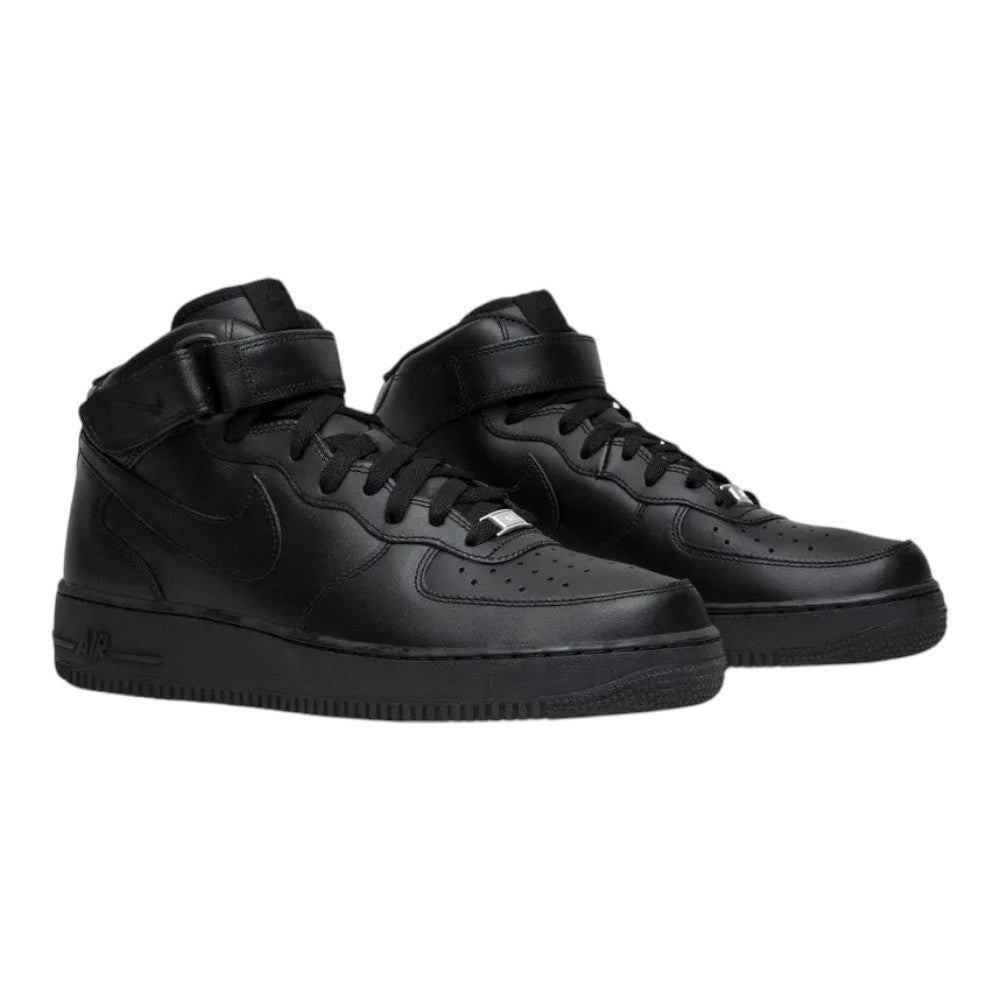 Luxurykicks.store Nike Air Force 1 Mid '07 Triple Black sneakers featuring all-black leather and ankle strap.