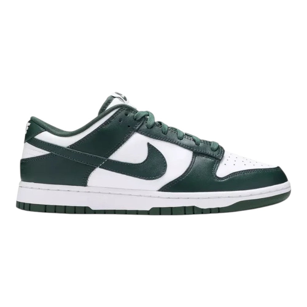 Luxurykicks.store Nike Dunk Low Michigan State sneaker in green and white leather with a side profile view.