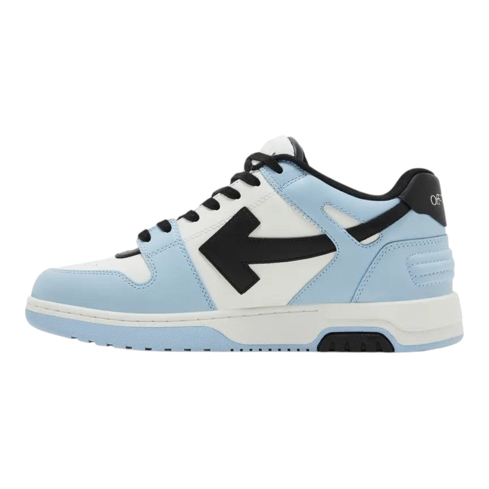 Luxurykicks.store Off-White Out of Office sneaker in light blue, black, and white with signature arrow logo