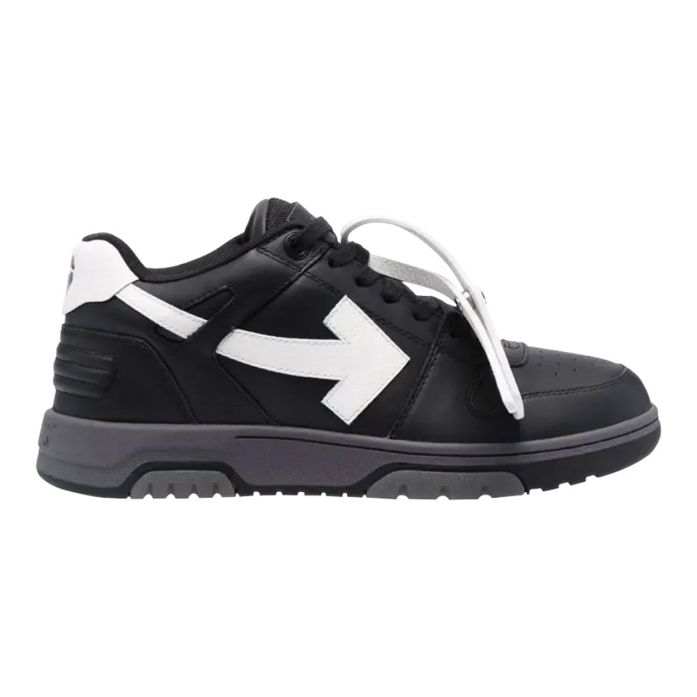 Luxurykicks.store Off-White Out of Office low-top sneaker in black, white, and grey leather with signature arrow logo