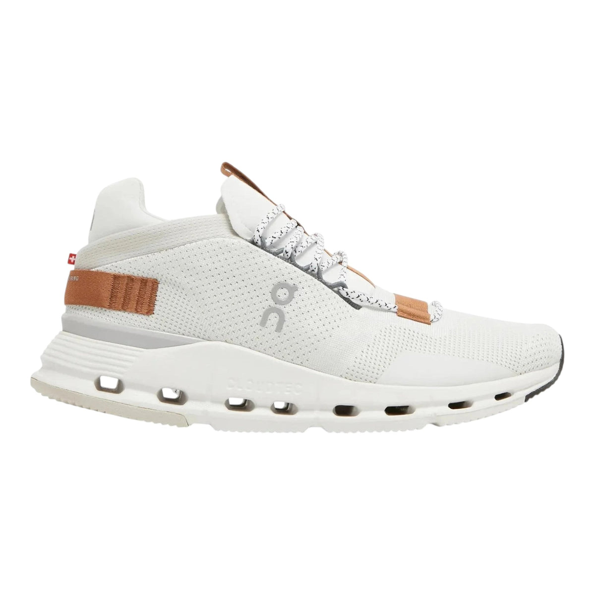 Luxurykicks.store On Cloudnova sneakers in white and pearl with CloudTec cushioning and tan heel detailing.