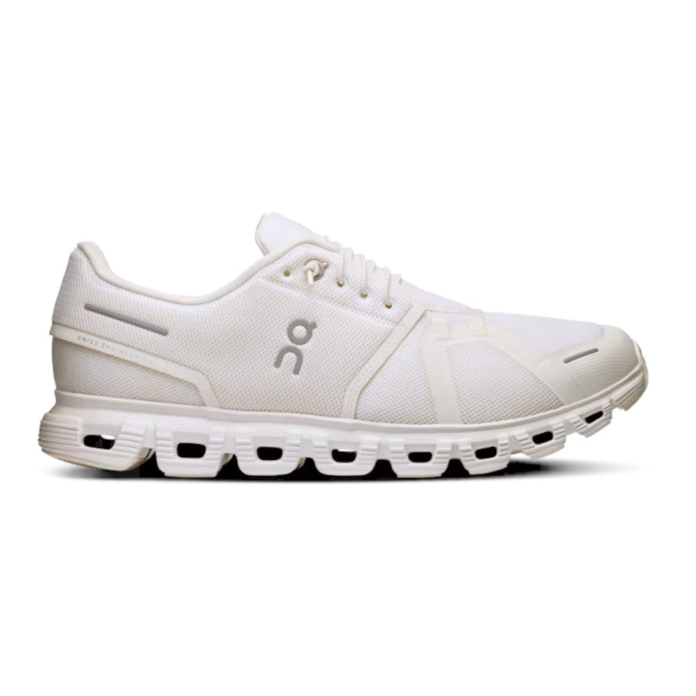 Luxurykicks.store On Running Cloud 6 white running shoe with breathable mesh upper and CloudTec cushioned sole.