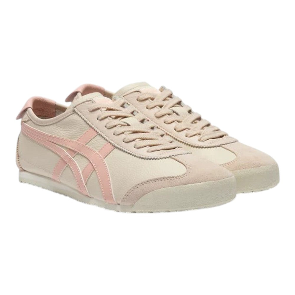 Luxurykicks.store Onitsuka Tiger Mexico 66 sneakers in oatmeal, ginger, and peach with a low-profile leather design.