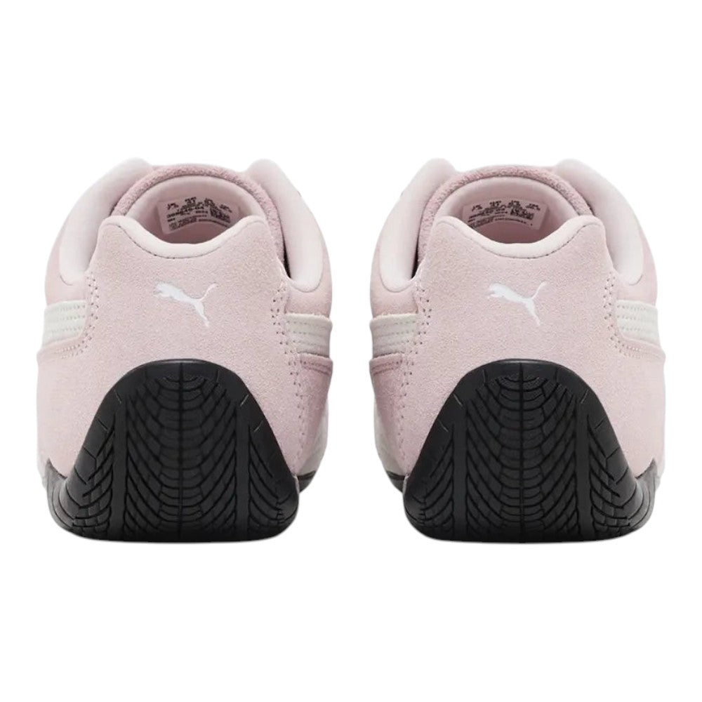 Luxurykicks.store Puma Speedcat OG sneakers in whisp of pink and white suede with black rubber heel detail, rear view.