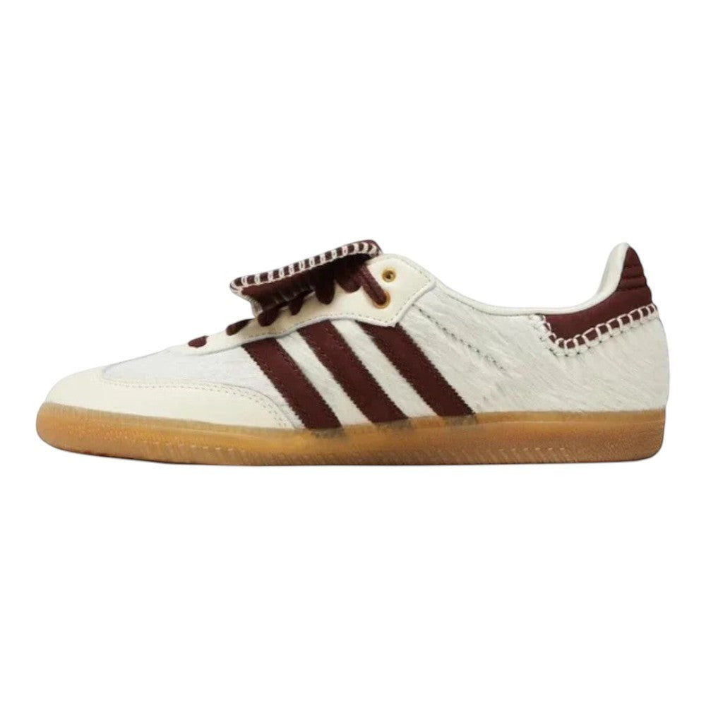 Luxurykicks.store Wales Bonner x Samba Pony sneakers in cream white with brown stripes and textured pony hair finish.