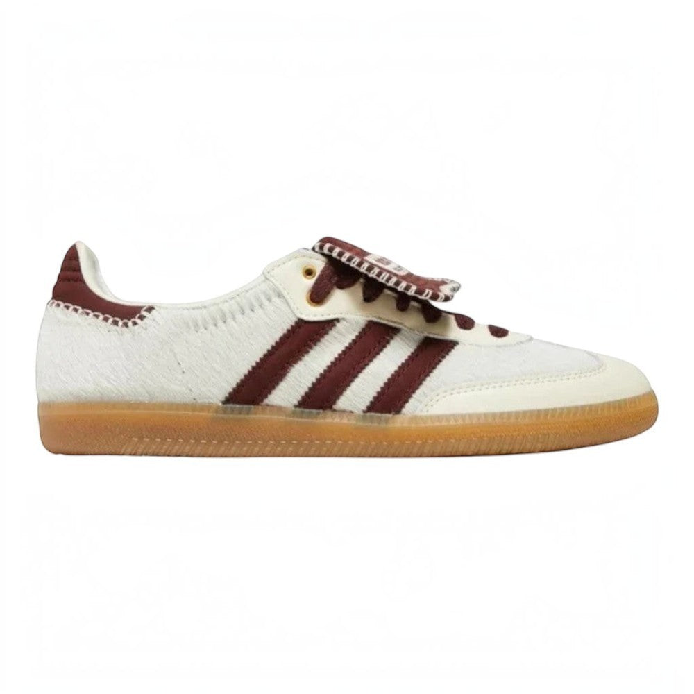 Luxurykicks.store Wales Bonner x Samba Pony sneakers in cream white pony hair with brown stripes and gum sole.