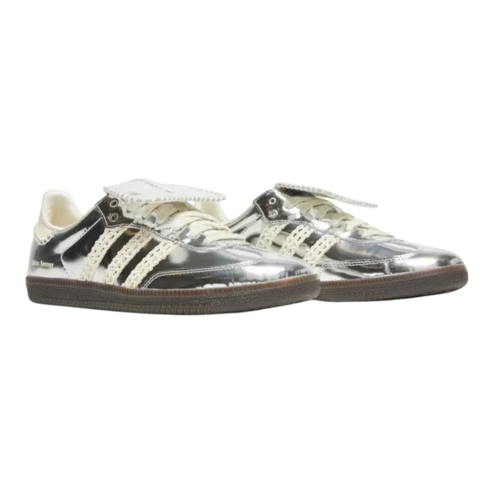 Luxurykicks.store Wales Bonner x Samba sneakers in metallic silver with signature crochet stripes and fold-over tongue.
