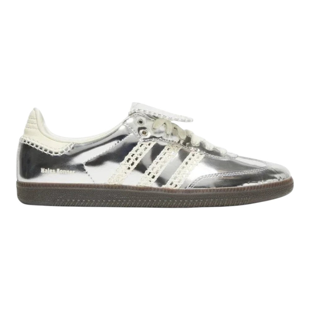 Luxurykicks.store Wales Bonner x Samba sneaker in metallic silver with crochet-style stripes and gum rubber sole.
