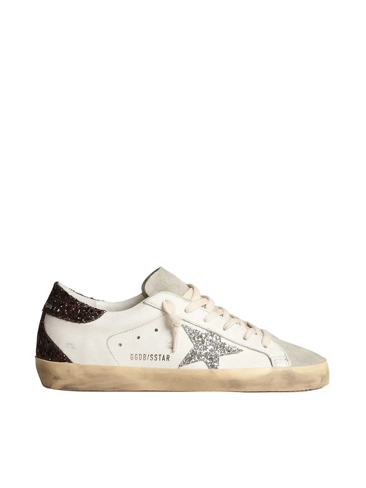 Golden Goose Women's Super-Star with silver star and brown glitter heel tab