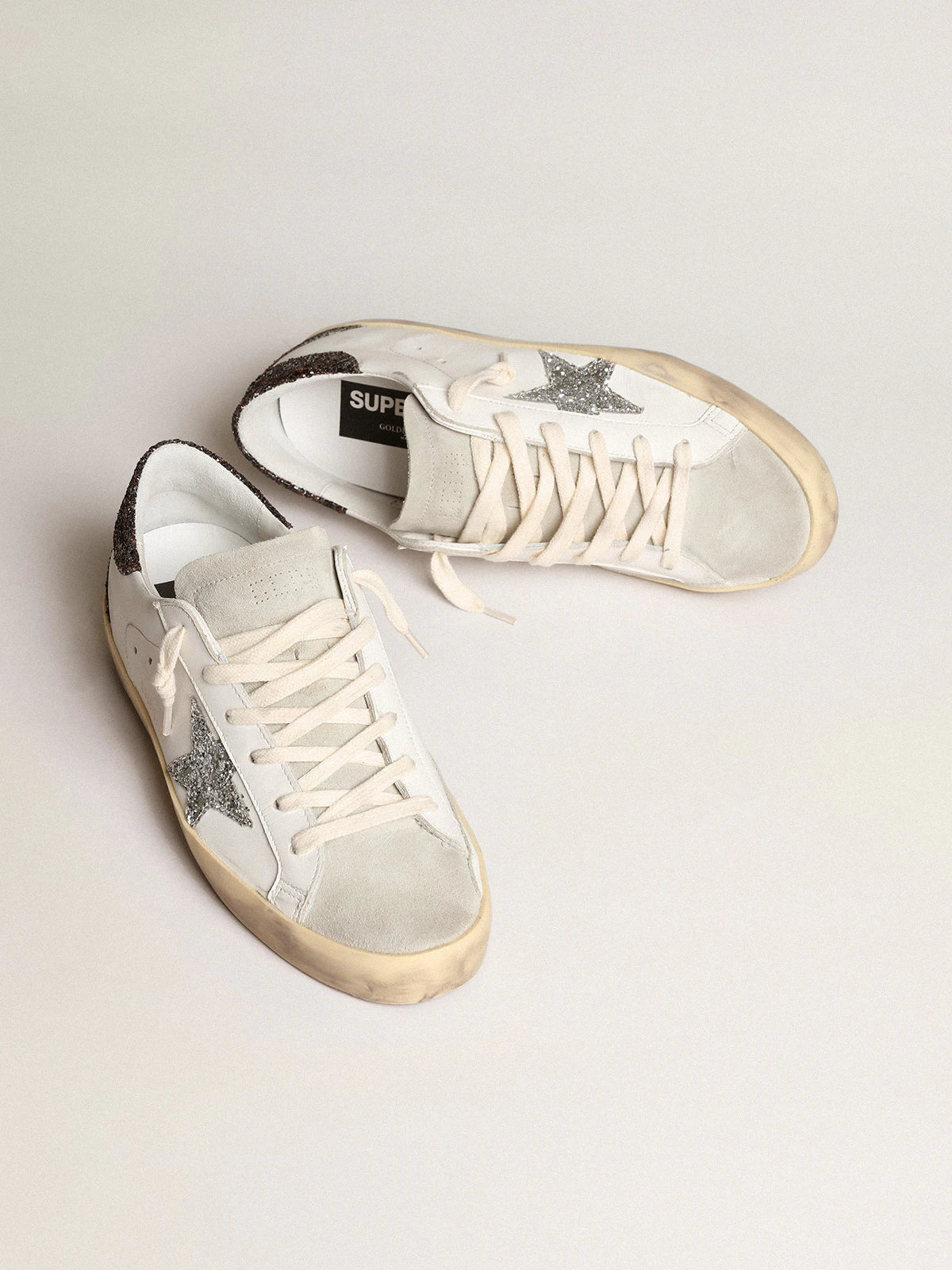 Golden Goose Women's Super-Star with silver star and brown glitter heel tab