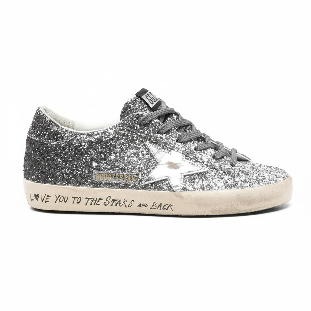 Golden Goose Super-Star sneakers in silver glitter.