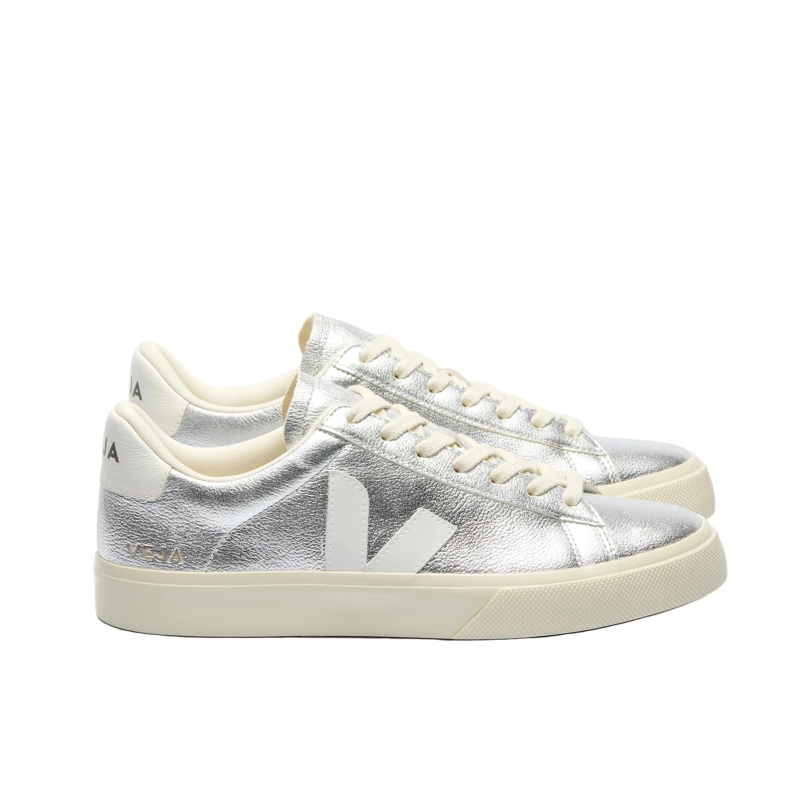 Veja Campo Chromefree lace-up sneakers in silver-white.