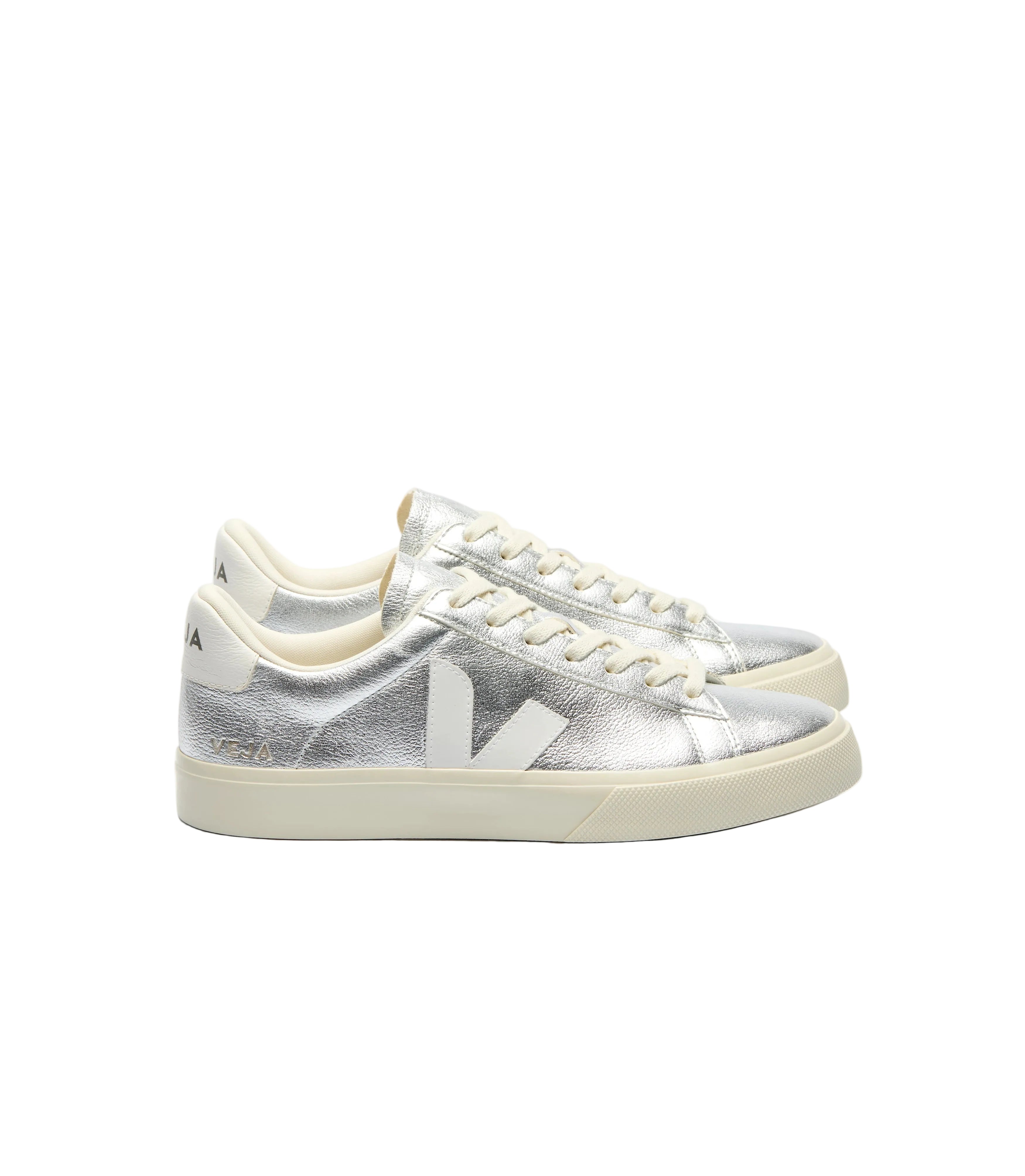Veja Campo Chromefree lace-up sneakers in silver-white.