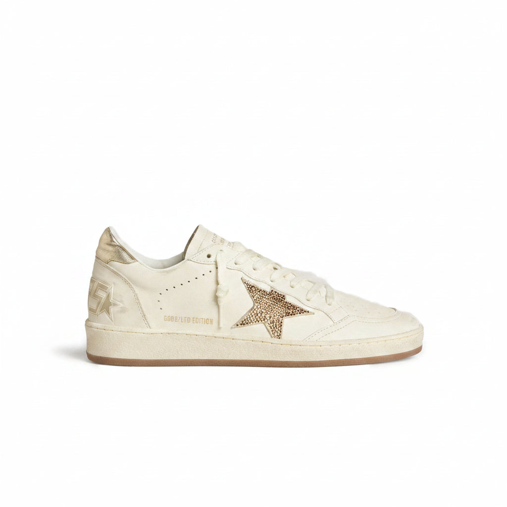 Golden Goose Ball Star sneakers in white leather featuring a crystal