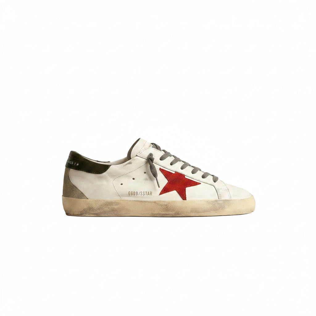 Golden Goose Men's Super-Star sneakers with a white leather upper, a red suede star