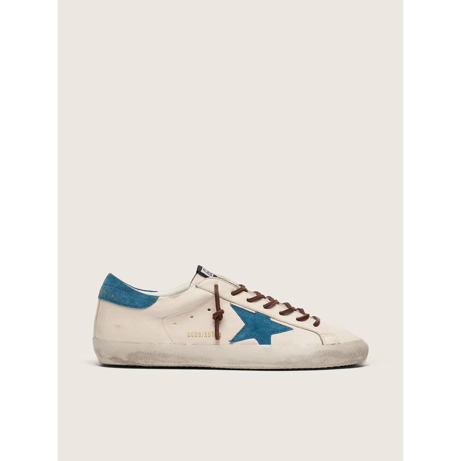 Golden Goose Super-Star white leather sneakers with a turquoise suede star