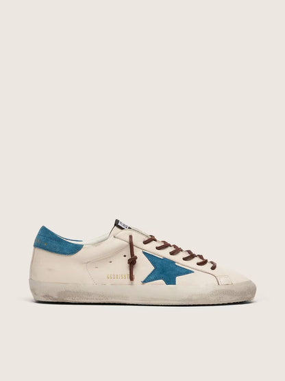 Golden Goose Super-Star white leather sneakers with a turquoise suede star