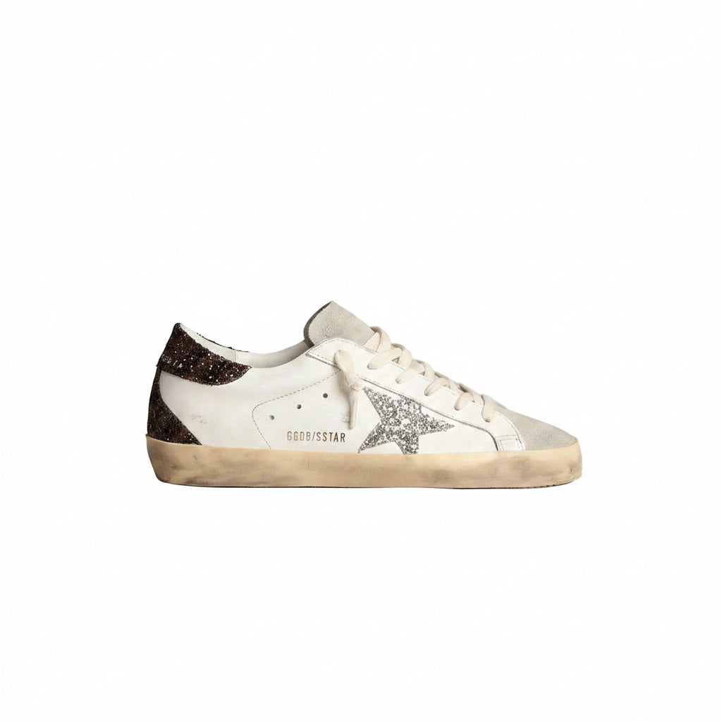 Golden Goose Women's Super-Star with silver star and brown glitter heel tab