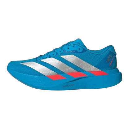 Luxurykicks.store Adidas Adizero Evo SL Ekiden running shoes in solar blue with silver stripes and red accents.