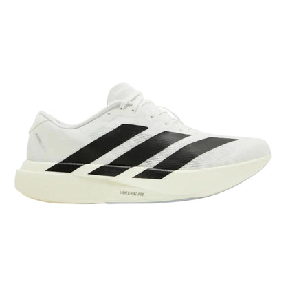 Luxurykicks.store Adidas Adizero Evo SL white running sneaker with black side stripes and Lightstrike Pro cushioning