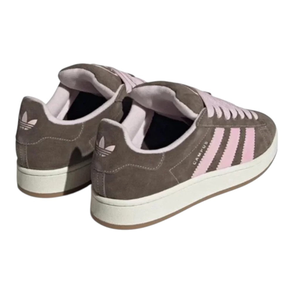 Luxurykicks.store Adidas Campus 00s J sneakers in earth strata brown suede with clear pink stripes and white soles.