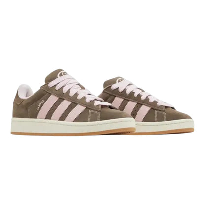 Luxurykicks.store Adidas Campus 00s J sneakers in earth brown suede with clear pink stripes and gum rubber soles.