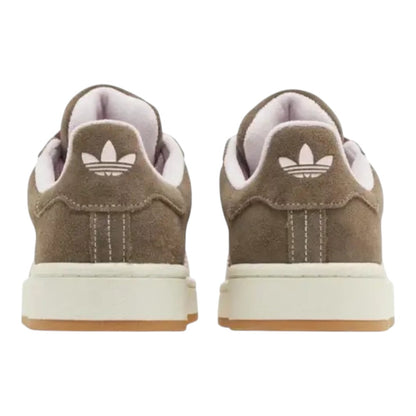 Luxurykicks.store Adidas Campus 00s J sneakers in earth strata brown suede with clear pink accents, rear view.