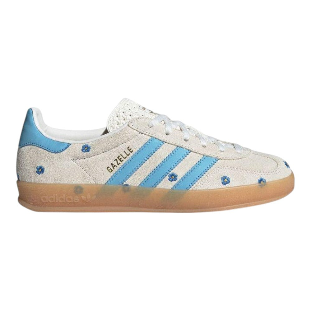 Luxurykicks.store adidas Wmns Gazelle Indoor sneaker in light blue suede with floral embroidery and gum rubber sole.