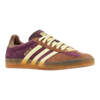 Luxurykicks.store adidas Gazelle Indoor sneakers in maroon and brown suede with a gum rubber outsole.