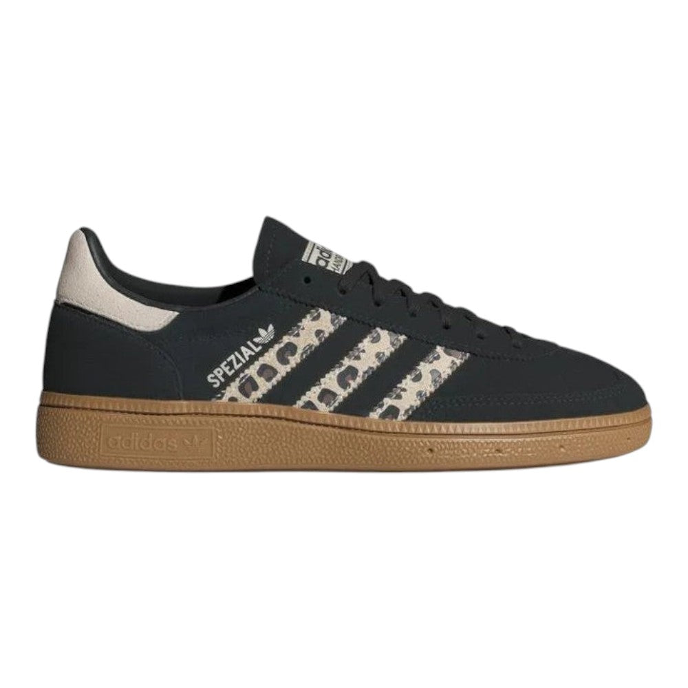 Luxurykicks.store adidas Wmns Handball Spezial sneakers in black with leopard print stripes and a classic gum sole.