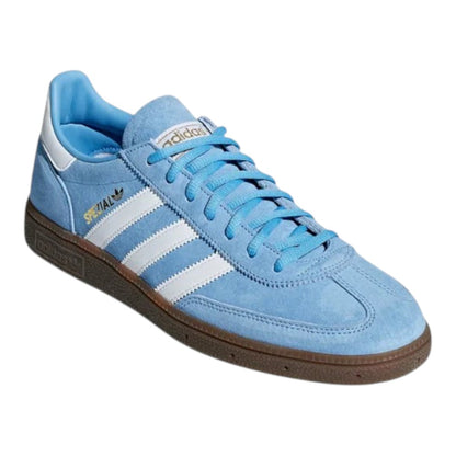 Luxurykicks.store adidas Handball Spezial light blue suede sneaker with white stripes and gum rubber sole